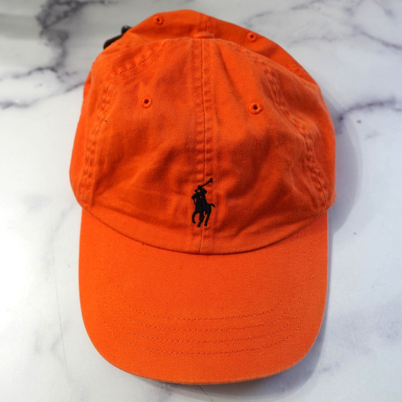 Vintage Polo Ralph Lauren Hat Cap Orange One Size Pony Leather Strap Preppy 90s - Picture 1 of 6